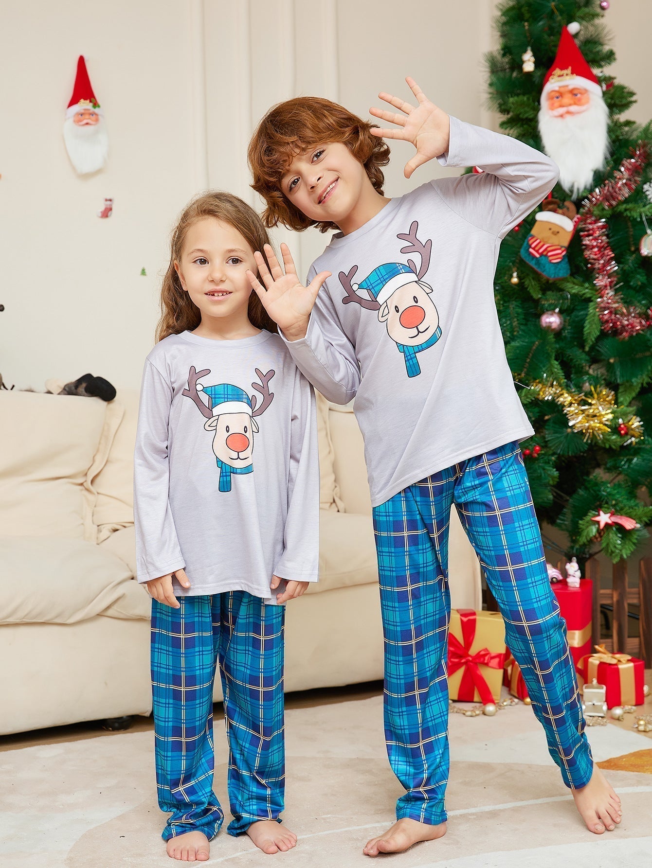 Family Matching Christmas Pajamas with Cartoon Deer Head Plaid Set