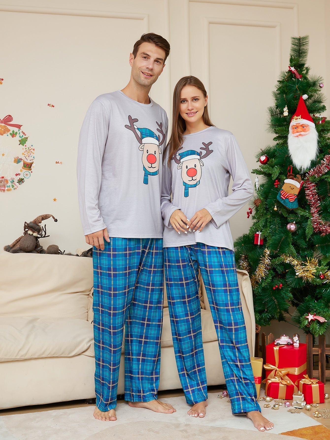 Family Matching Christmas Pajamas with Cartoon Deer Head Plaid Set