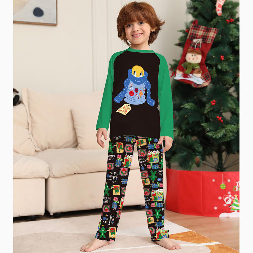 Colorblock Cute Pattern Round Neck Long Sleeve Christmas Parent-Child Pajamas