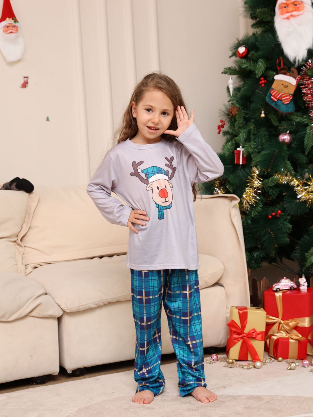 Family Matching Christmas Pajamas with Cartoon Deer Head Plaid Set