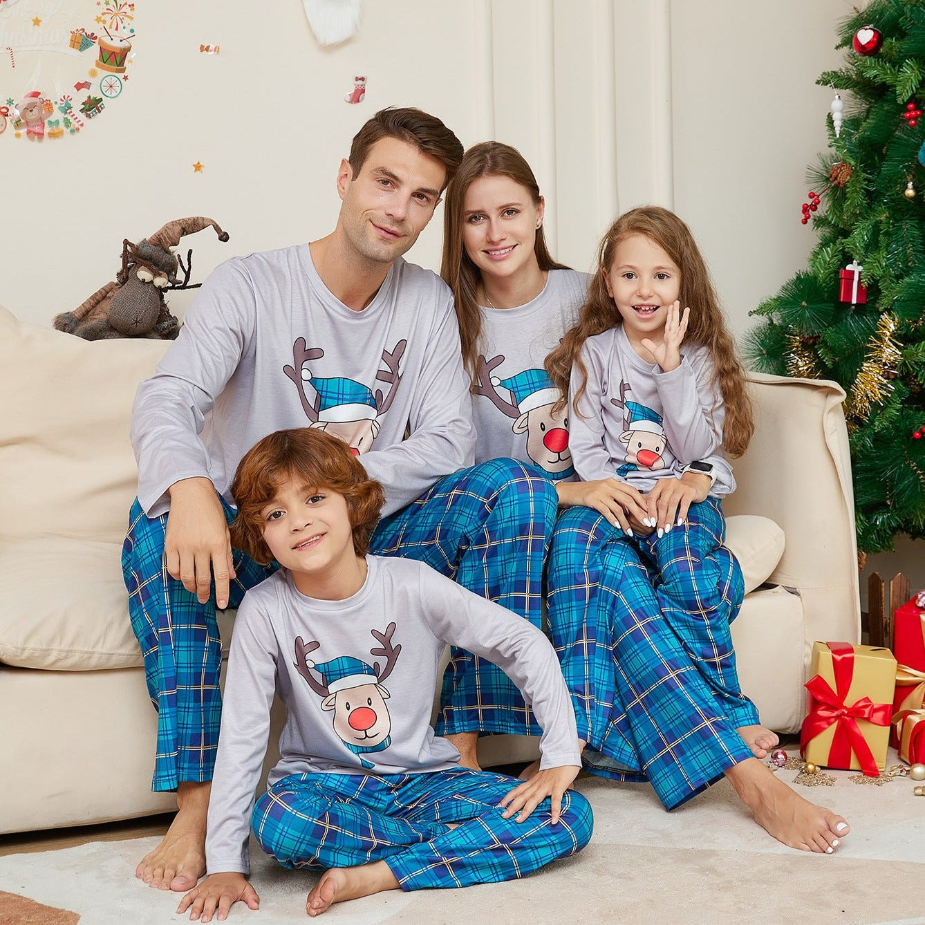 Family Matching Christmas Pajamas with Cartoon Deer Head Plaid Set