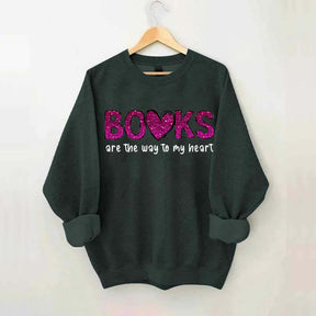 Printed Books the Way to Heart Faux Glitter Sweatshirt