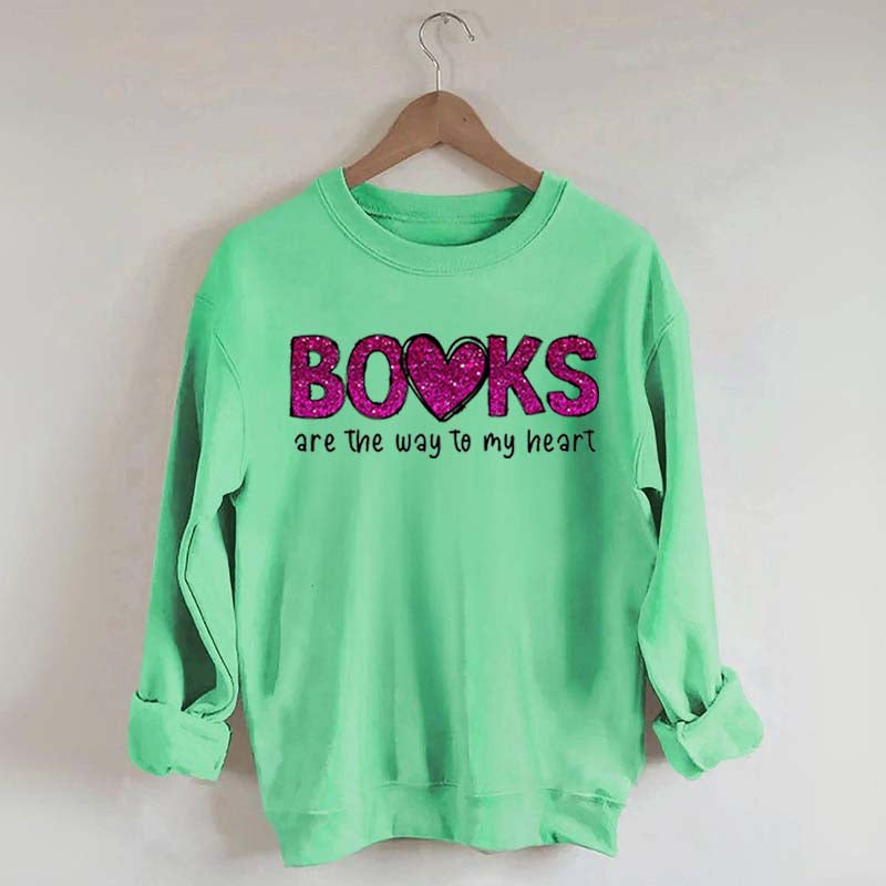 Printed Books the Way to Heart Faux Glitter Sweatshirt