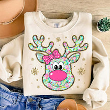 Glitter Coquette Floral Christmas Reindeer Sweatshirt