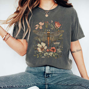 Vintage Floral Dragonfly Dark Academia T-Shirt