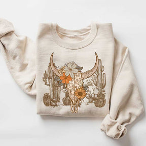 Western Desert Cow Skull Leopard Cactus Sweatshirt