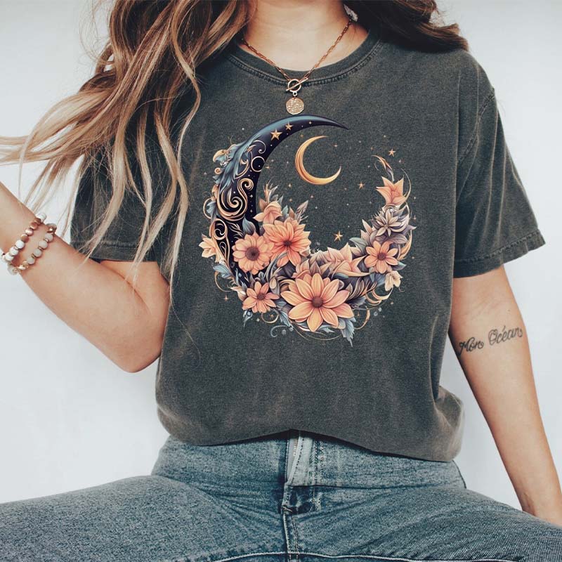 Mystical Boho Moon  Vintage Floral T-Shirt