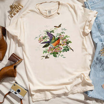 Pressed Flowers Bird And Butterflies T-Shirt