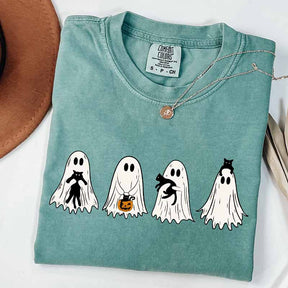 Cute Ghost Black Cats Halloween Spooky Season T-Shirt