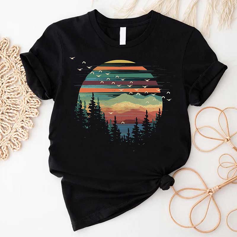 Retro Pine Trees Sunset Forest Themed T-Shirt