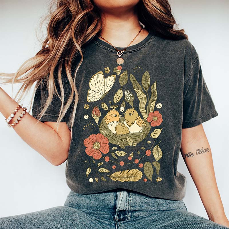 Birds And Flowers Floral Folk T-Shirt