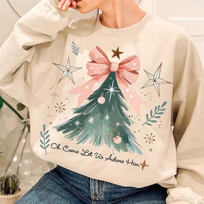 Oh Come Let Us Adore Him Bow Christmas Tree Sweatshirt