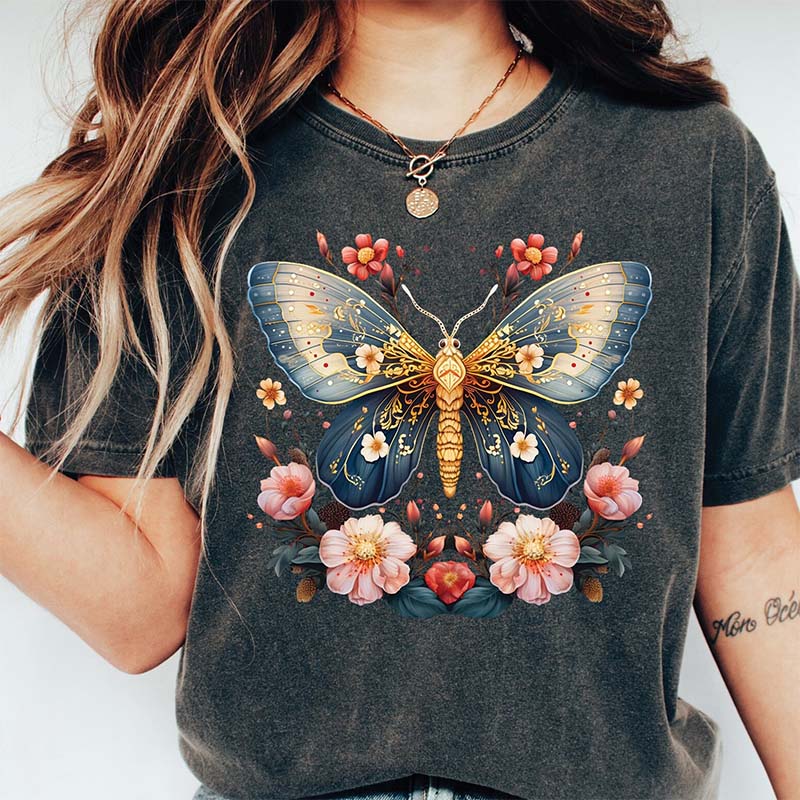 Celestial Moth Butterfly Pink Flowers T-Shirt