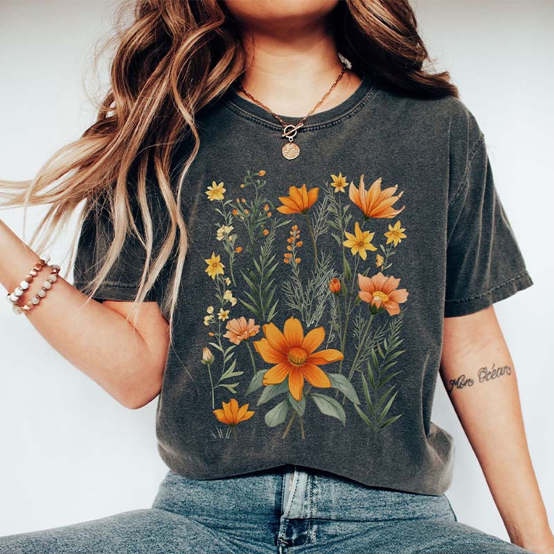 Orange Floral Garden Botanical Nature T-Shirt