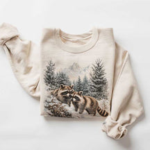 Retro Raccoons Snowy Forest Winter Scene Sweatshirt