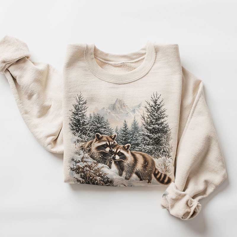 Retro Raccoons Snowy Forest Winter Scene Sweatshirt