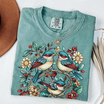 Cottagecore Birds and Flowers Folk Art Scandi T-Shirt