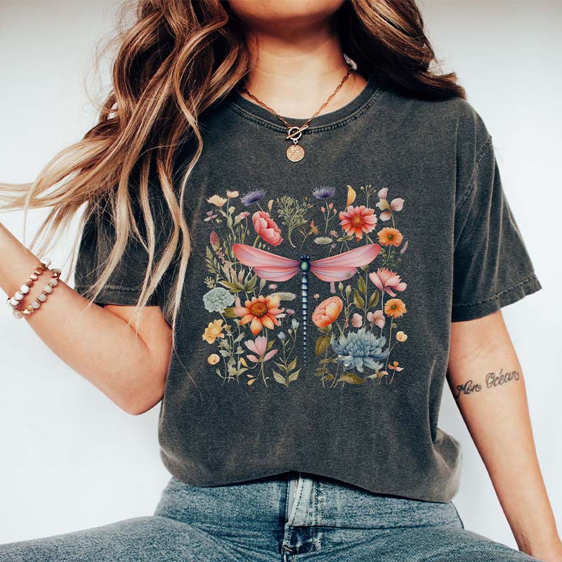 Dragonfly Floral Art Botanical T-Shirt