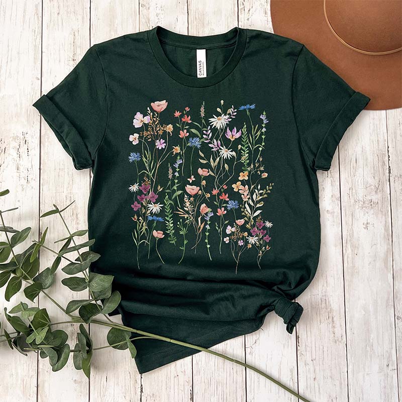 Pressed Flower Watercolor Floral Boho T-Shirt