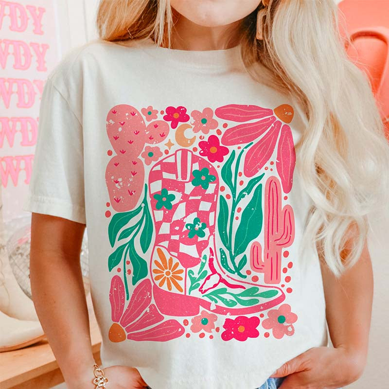 Boho Cowgirl Boot And Flowers T-Shirt