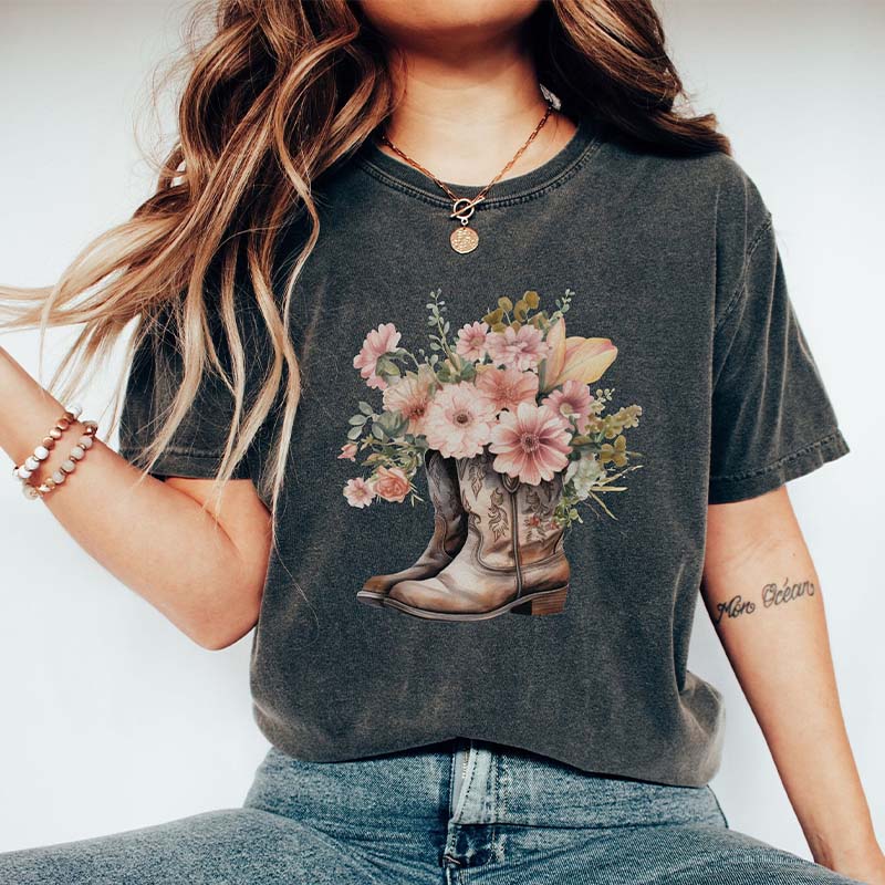 Boho Pink Floral Cowgirl Boots T-Shirt