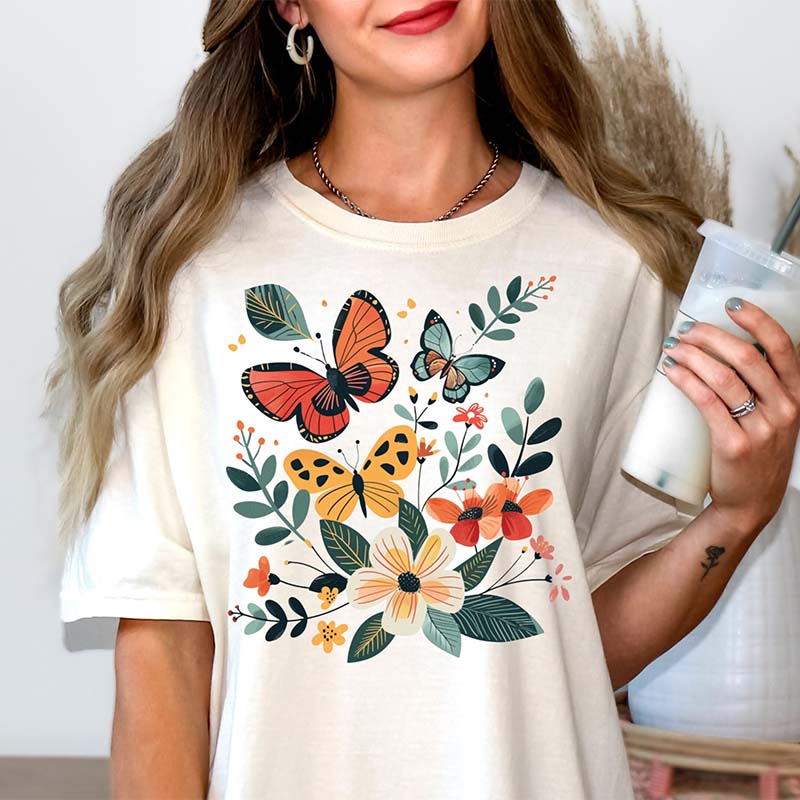 Colorful Boho Butterflies and Flowers T-Shirt