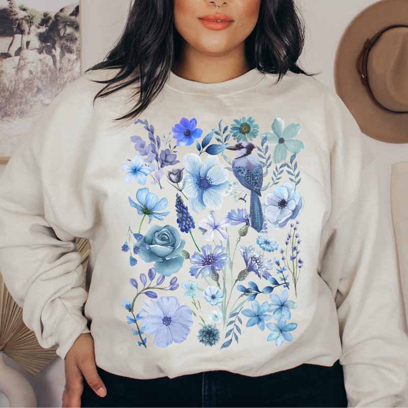 Cottagecore Pressed Blue Wildflowers Sweatshirt