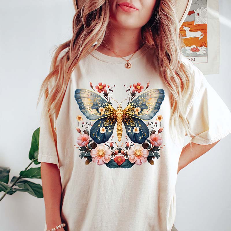 Celestial Moth Butterfly Pink Flowers T-Shirt