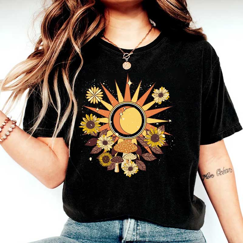 Bohemian Retro Sun Moon Mushroom Floral T-Shirt