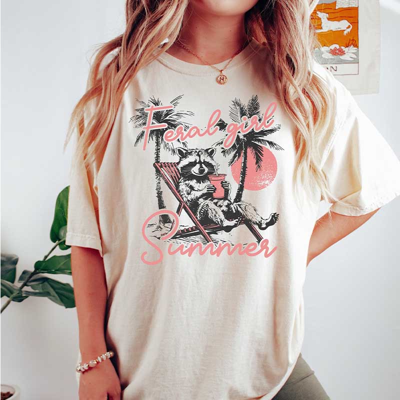 Western Feral Girl Summer Raccoon T-Shirt