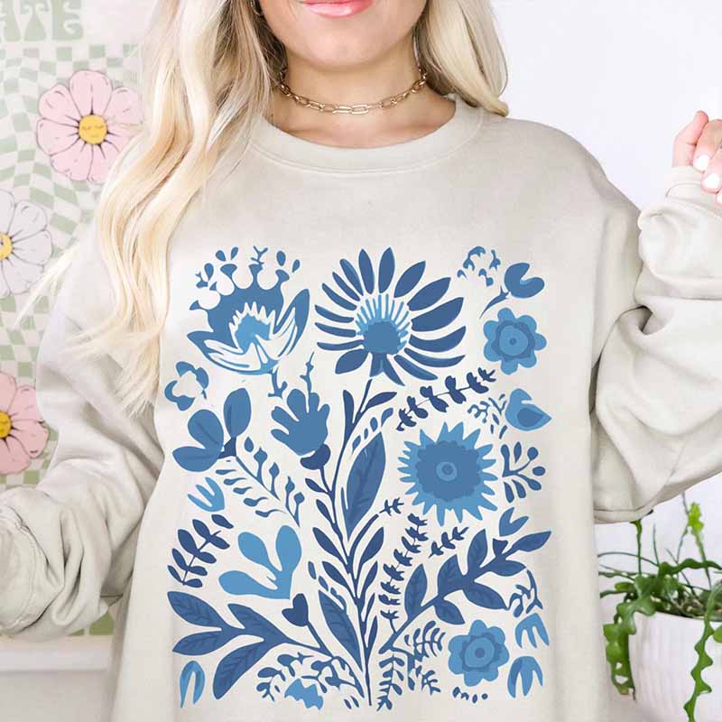 Blue Wildflowers Folk Art Wild Flower Sweatshirt