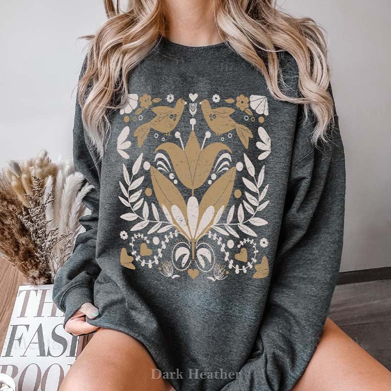 Cottagecore Flowers and Birds Folk Art Sweatshirt