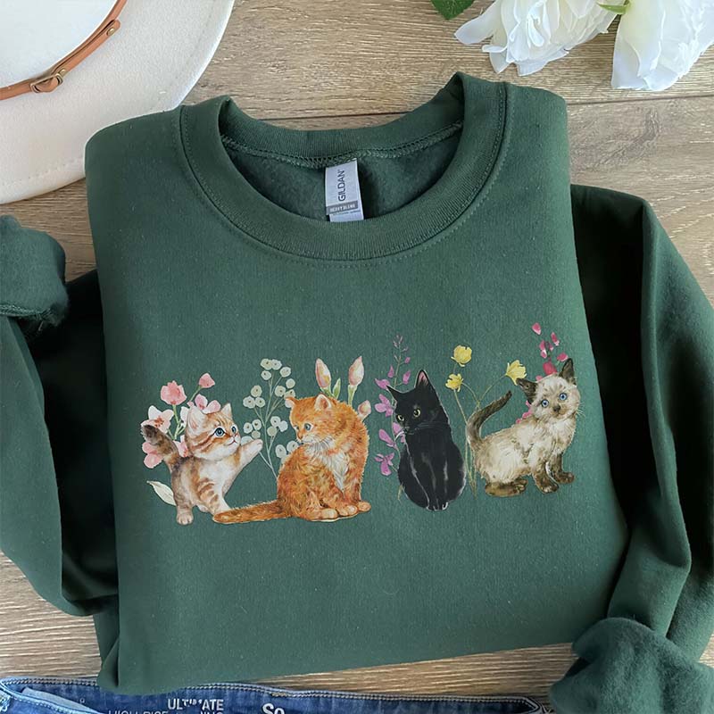 Floral Vintage Kittens and Pressed Flower Sweatshirt