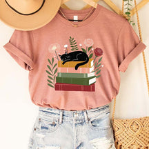 Flower Bookish Cat Reader T-Shirt