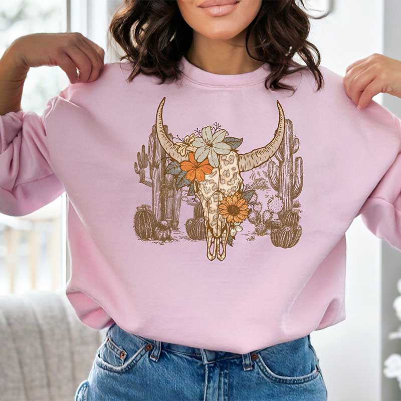 Western Desert Cow Skull Leopard Cactus Sweatshirt