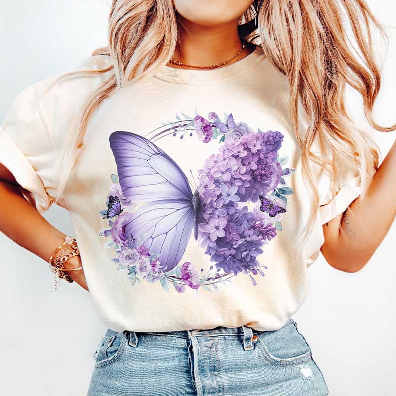 Purple Butterfly Floral Flower T-Shirt