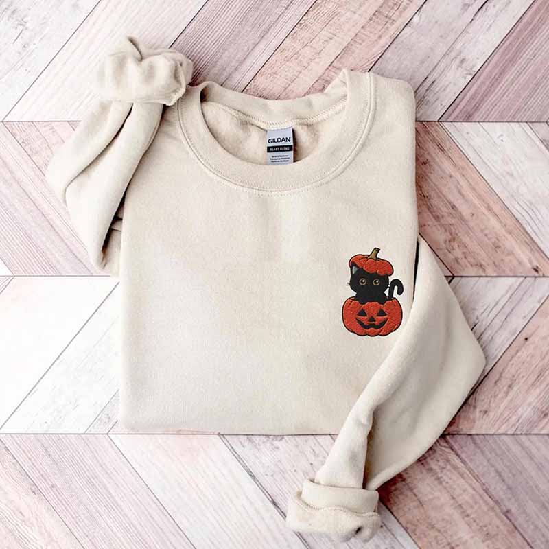 Black Cat Pumpkin Halloween Spooky Printed Sweatshirt