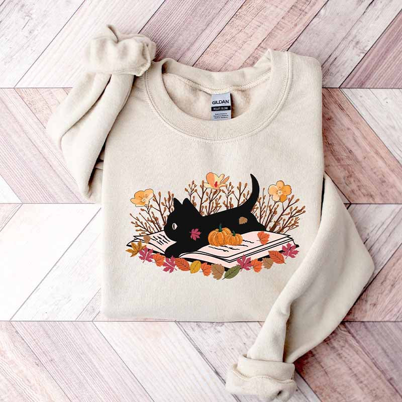 Black Cat Book Halloween Autumn Sweatshirt