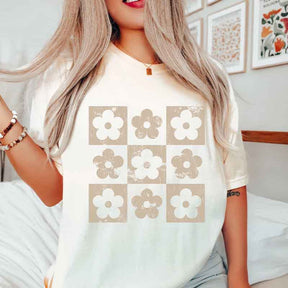 Retro Checkered Flowers Floral T-Shirt