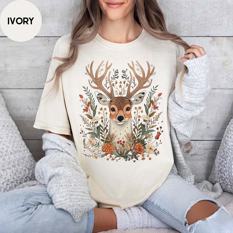 Woodland Deer Floral Wildlife T-Shirt