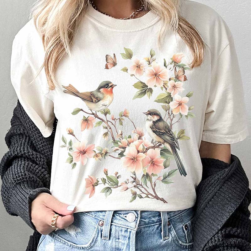 Whimsical Birds And Floral T-Shirt