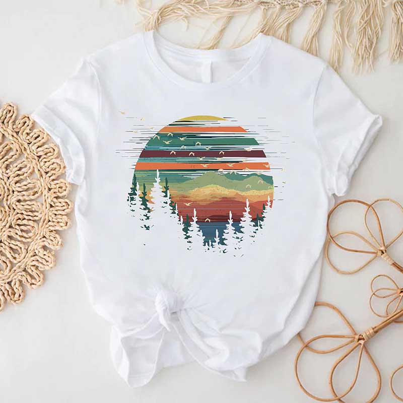 Retro Pine Trees Sunset Forest Themed T-Shirt