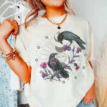 Celestial Ravens and Thistles Moon Floral T-Shirt