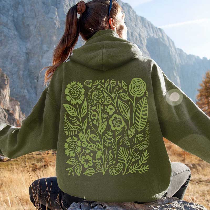 Retro Wildflowers Hoodie Forest Green Hoodie