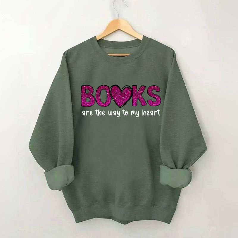 Printed Books the Way to Heart Faux Glitter Sweatshirt