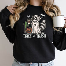 Trick or Trash Ghost Raccoon Drinking Coffee Sweatshirt