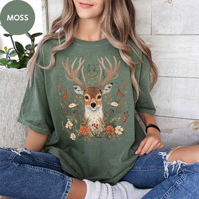 Woodland Deer Floral Wildlife T-Shirt