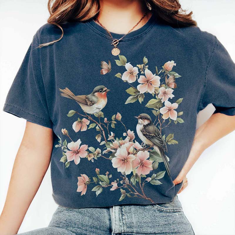 Whimsical Birds And Floral T-Shirt