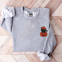 Black Cat Pumpkin Halloween Spooky Printed Sweatshirt