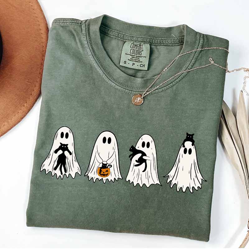 Cute Ghost Black Cats Halloween Spooky Season T-Shirt